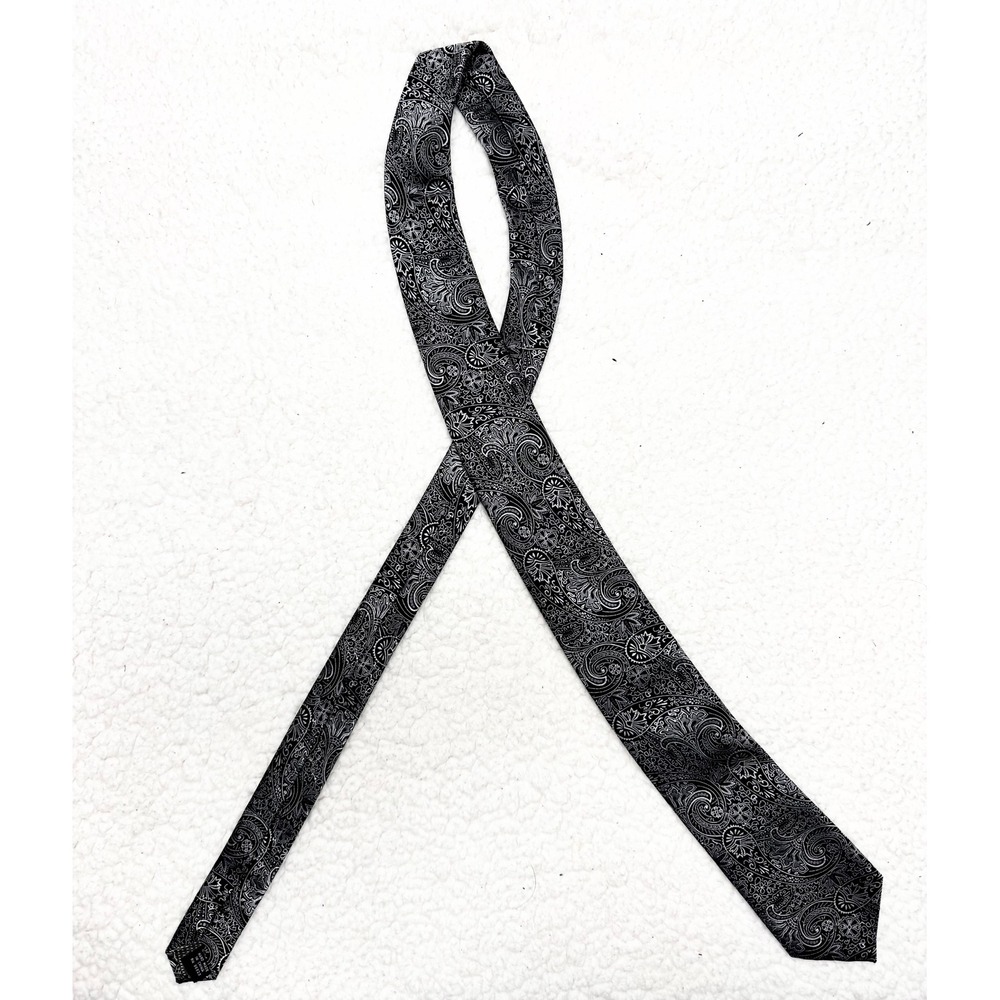 Bergamo New York Mens Paisley Necktie Black Silver Grey Hand Made Polyester Tie